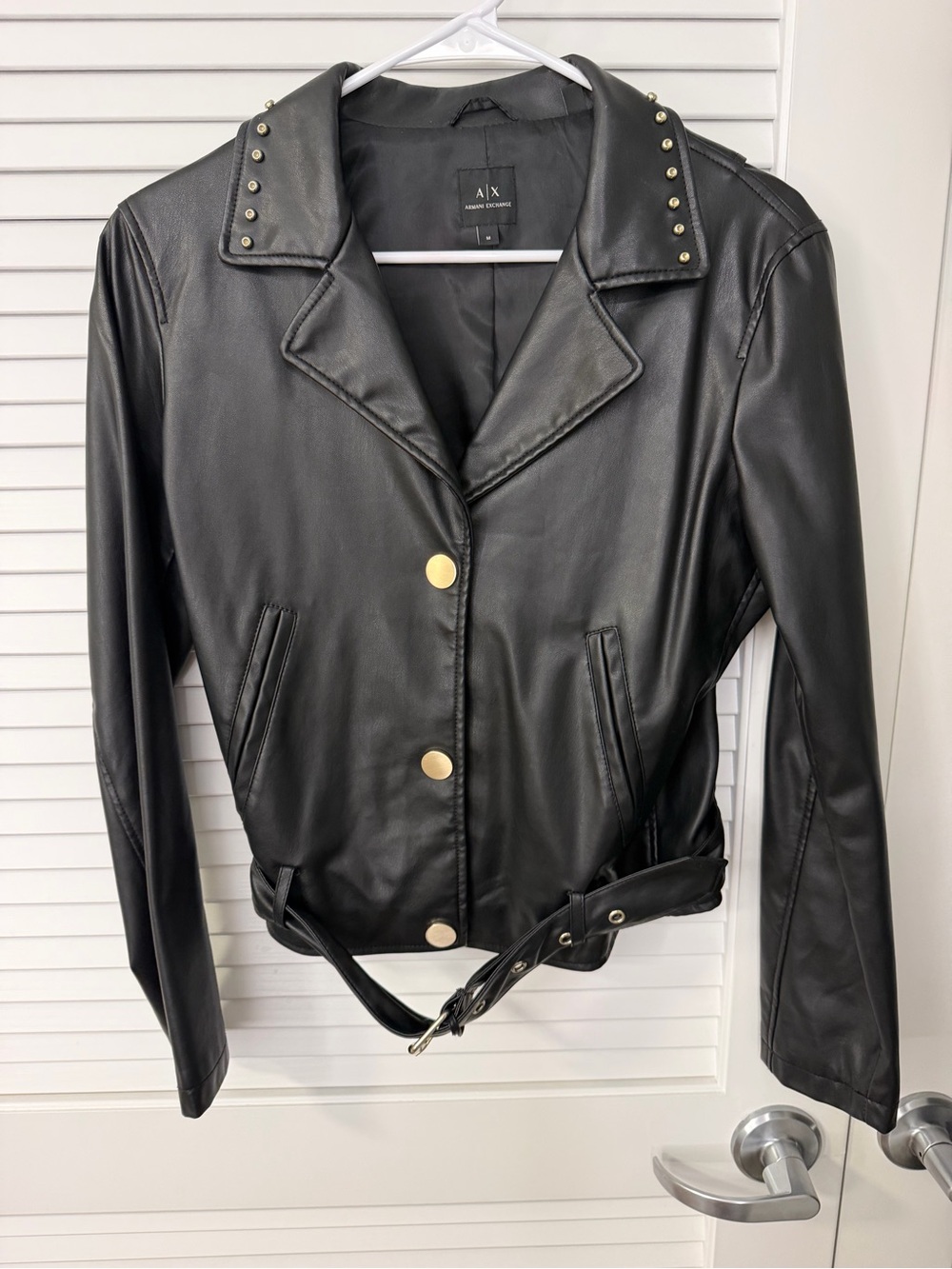 Armani Exchange Black Faux Leather Jacket with Gold Studs
